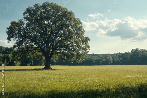 A solitary ancient tree in a serene meadow, its branches creating a wide, protective shade