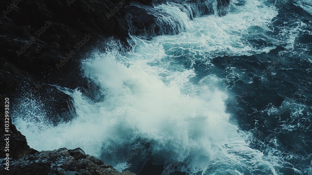 Fototapeta premium Dramatic waves crashing on rocky coastline