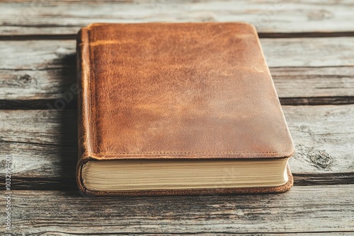 Leather-bound Book on Weathered Wooden Surface