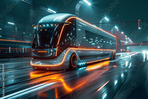 A futuristic bus on a city street at night