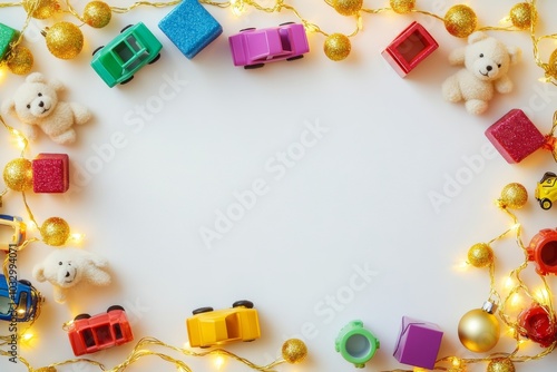 Colorful kids toy frame with teddy bears, cars, and lights on a white christmas background