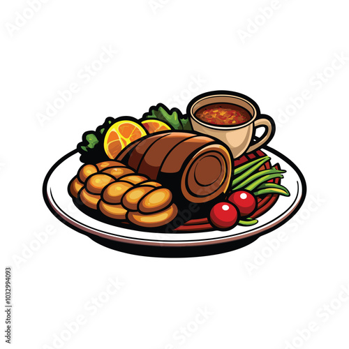 A vector illustration of an English Sunday roast featuring roast beef, Yorkshire pudding, vegetables, gravy, and orange slices.