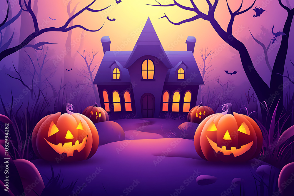 A spooky Halloween scene featuring a haunted house and carved pumpkins. A spooky Halloween scene featuring a haunted house and carved pumpkins.
