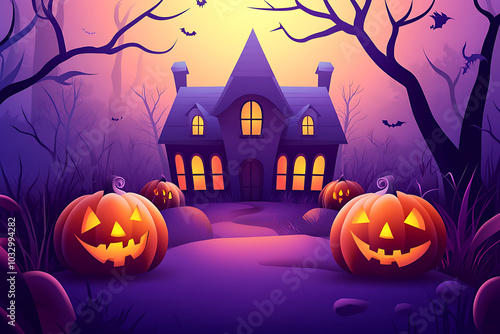 A spooky Halloween scene featuring a haunted house and carved pumpkins.