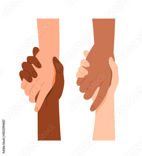 Diverse hands gestures. Palms of multiracial people holding each other. Symbol of help, support and assistance. Business partnership. Flat vector illustration isolated on white background