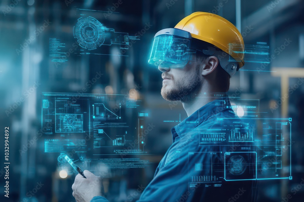 Augmented reality worker interface, realtime machine diagnostics, futuristic factory setting, advanced robotics Augmented reality worker interface, realtime machine diagnostics, futuristic factory setting, advanced robotics