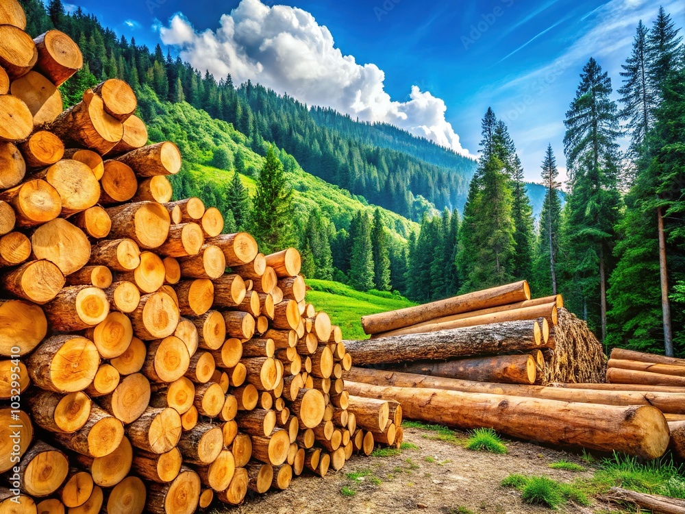 Log Trunks Pile in Natural Setting - Wooden Pine Timber for Logging Industry Log Trunks Pile in Natural Setting - Wooden Pine Timber for Logging Industry