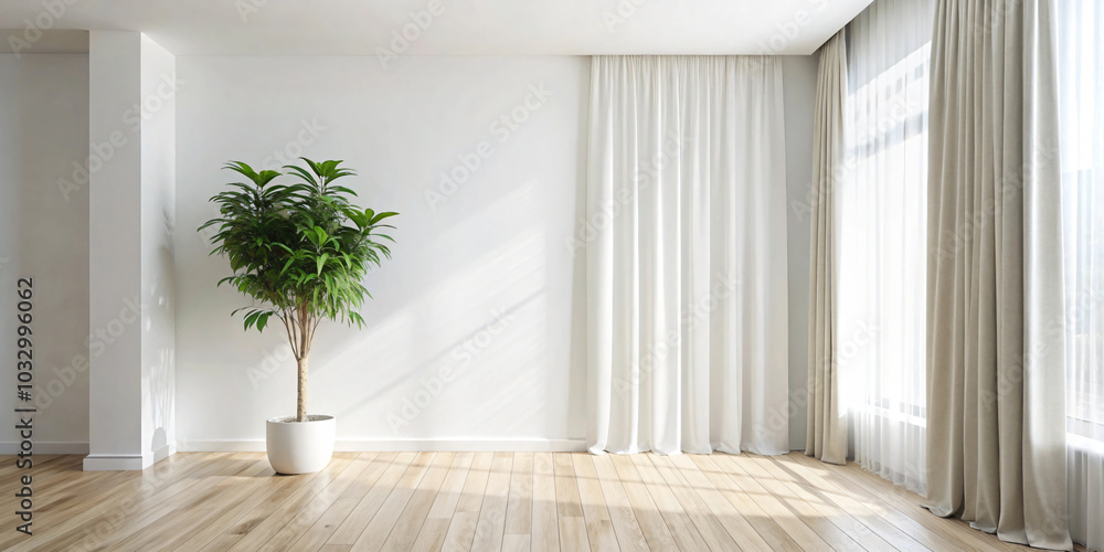 A bright room with wooden floors, white walls and sheer curtains, featuring a small potted plant on the left side of an empty wall A bright room with wooden floors, white walls and sheer curtains, featuring a small potted plant on the left side of an empty wall