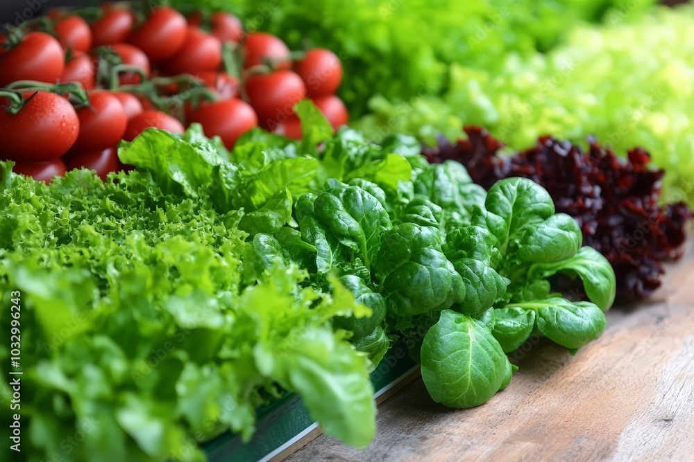 A variety of hydroponic vegetables displayed together, emphasizing their clean, soil-free growing process A variety of hydroponic vegetables displayed together, emphasizing their clean, soil-free growing process