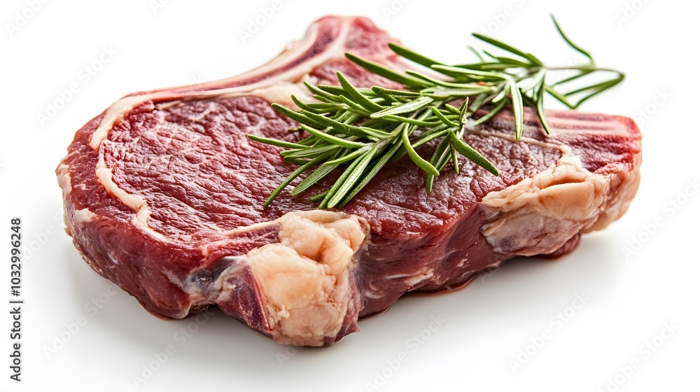 raw beef chop and rosemary on white background. raw beef chop and rosemary on white background.
