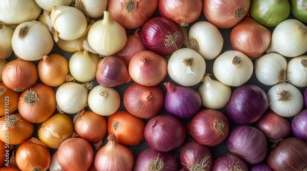 A variety of onions, including red, yellow, and white, arranged together in a colorful display A variety of onions, including red, yellow, and white, arranged together in a colorful display