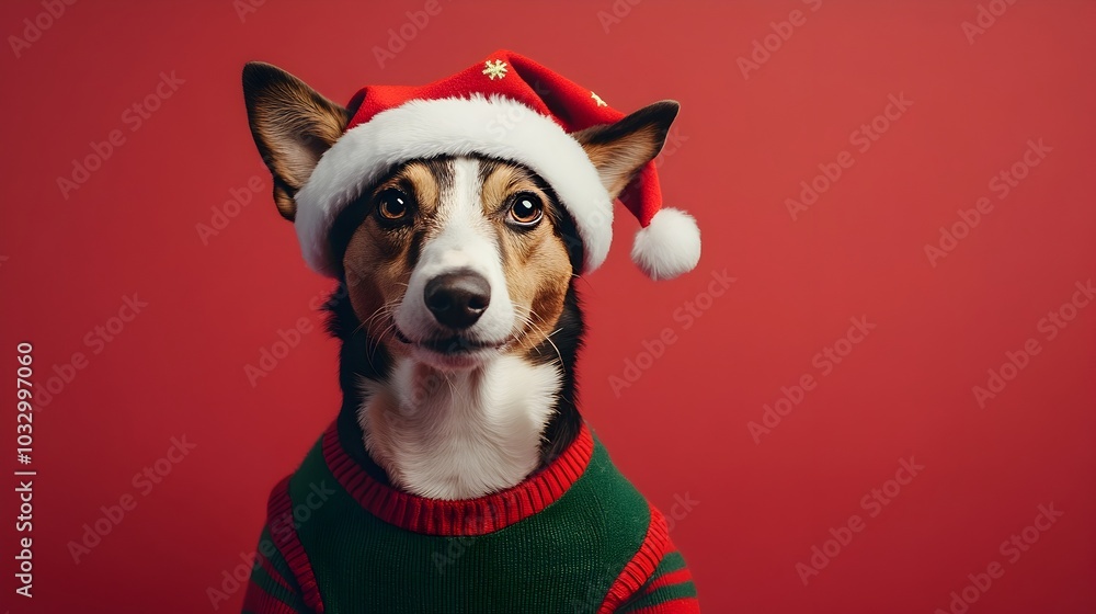 Adorable Reindeer Dog Dressed in Festive Elf Outfit on Red Background with Studio Lighting Adorable Reindeer Dog Dressed in Festive Elf Outfit on Red Background with Studio Lighting