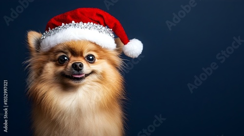 Adorable Pomeranian Dog Dressed in Sparkling Santa Hat on Midnight Blue Background