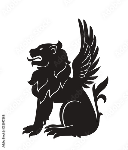 Royal heraldic lion. Premium black silhouette of majestic lion with wings or griffins for logo or coat of arms. Wild animal symbol for crest. Flat vector illustration isolated on white background