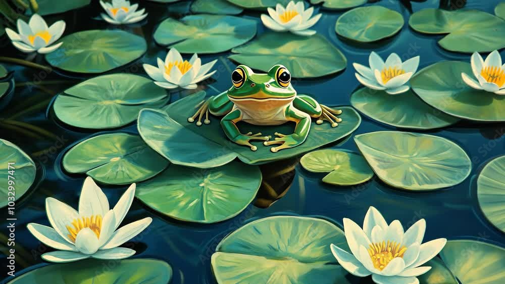 A green frog sits on a lily pad in a pond, surrounded by white water lilies
