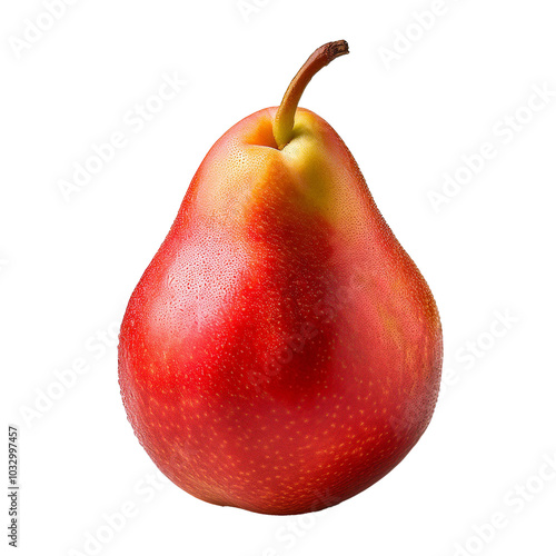 Capture the essence of a ripe red Anjou pear in a stunning close-up, showcasing its smooth skin and vibrant color against a pristine white background, inviting freshness.