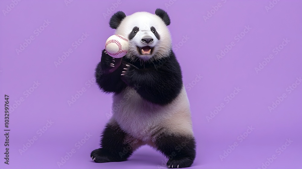 Energetic Panda Bear Playing Baseball on Vibrant Lilac Background Energetic Panda Bear Playing Baseball on Vibrant Lilac Background
