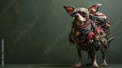 Fantastical Goblin Dog in Eclectic Ensemble Against Plain Green Background