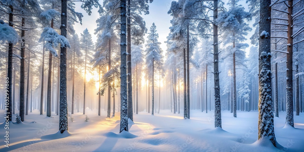 Mystical Long Exposure of Norwegian Woods in Winter with Misty Pine Trees, Capturing Serene Nature and Tranquil Landscapes in a Snow-Covered Forest Mystical Long Exposure of Norwegian Woods in Winter with Misty Pine Trees, Capturing Serene Nature and Tranquil Landscapes in a Snow-Covered Forest