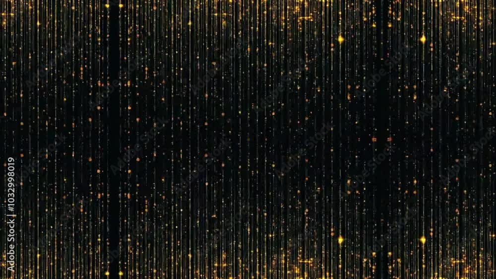 Vertical strands of sparkling gold particles descend against a dark backdrop, evoking a magical and celebratory feel. Suitable for festive and glamorous projects. Vertical strands of sparkling gold particles descend against a dark backdrop, evoking a magical and celebratory feel. Suitable for festive and glamorous projects.