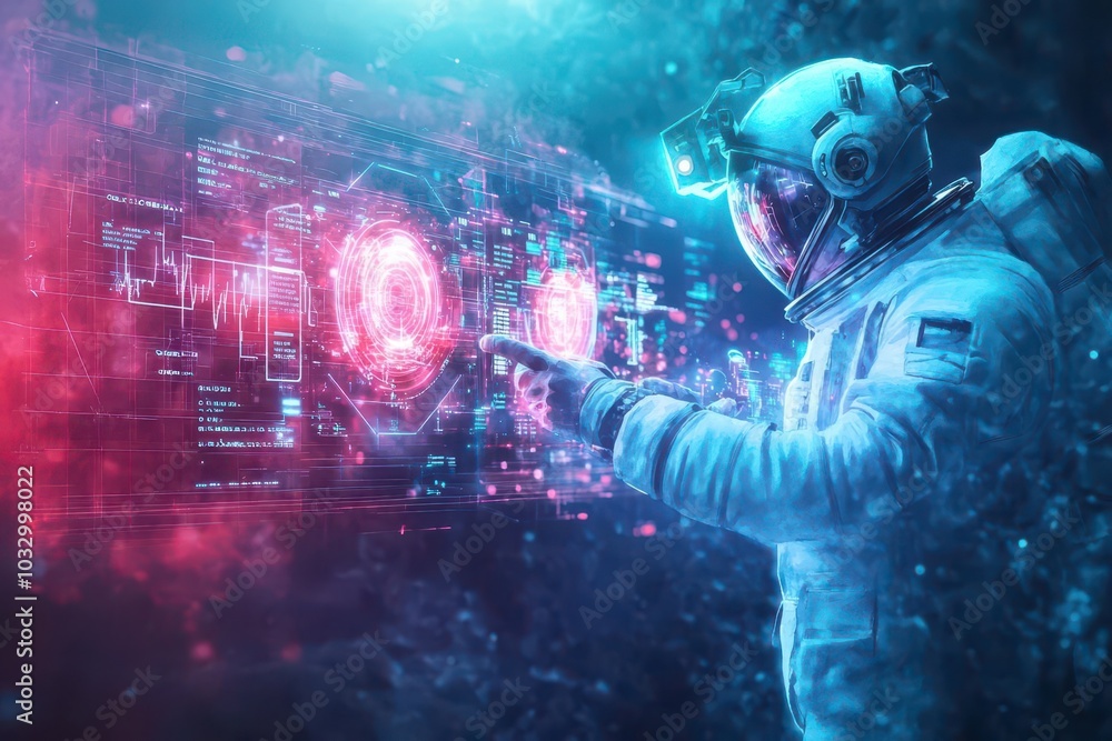 Engineers using augmented reality to inspect a space station module, glowing digital readouts in midair, highcontrast lighting, SciFi watercolor Engineers using augmented reality to inspect a space station module, glowing digital readouts in midair, highcontrast lighting, SciFi watercolor