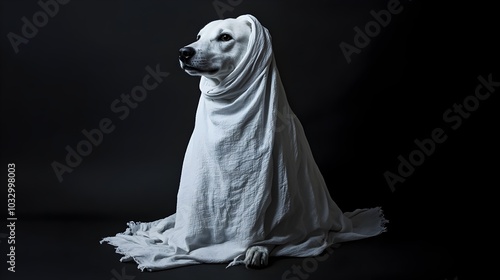 Ghostly Werewolf Dog Shrouded in Mysterious White Fabric on Dark Background