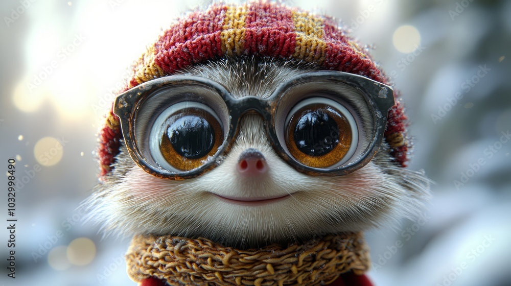 A cute, cartoon-style animal wearing a red and gold hat, glasses, and a scarf, with a blurred background. A cute, cartoon-style animal wearing a red and gold hat, glasses, and a scarf, with a blurred background.