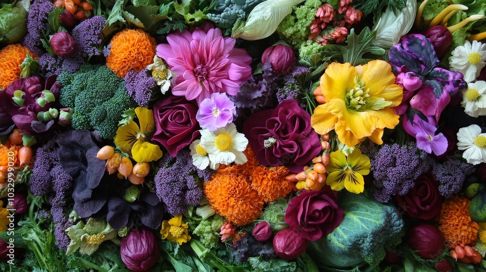 A vibrant display of edible flowers mixed with fresh vegetables, creating a colorful and artistic arrangement A vibrant display of edible flowers mixed with fresh vegetables, creating a colorful and artistic arrangement
