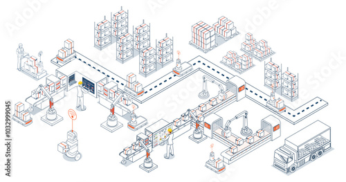 Intelligent robot system for mobile order fulfillment, using smart strategies to avoid conflicts and connect digital and physical operations concept. Vector illustration EPS 10