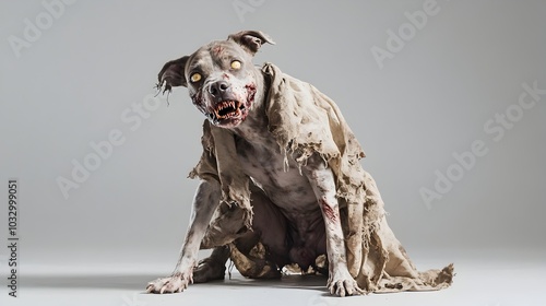 Tattered Undead Canine Creature Against Plain Gray Background with Studio Lighting