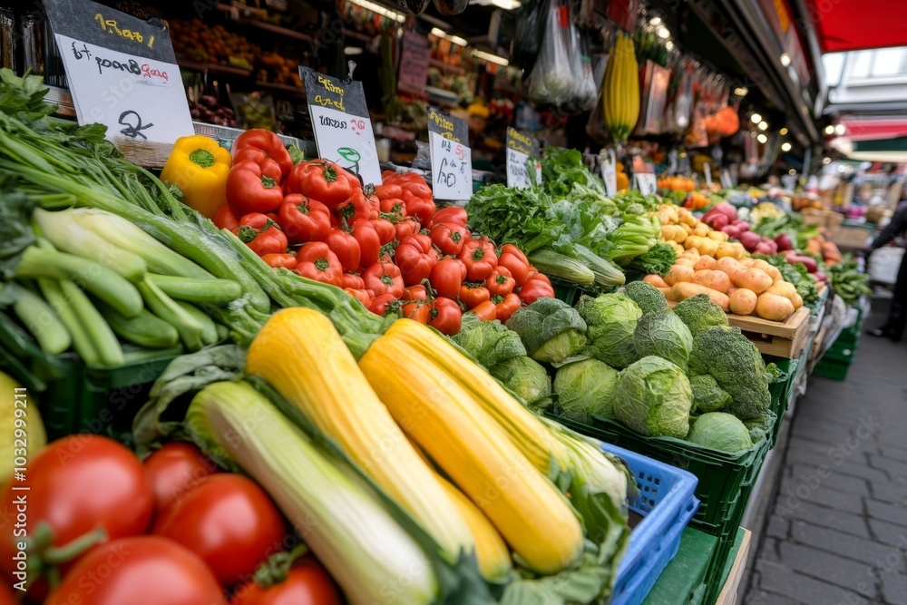 A bustling farmer's market filled with small stalls, with friendly vendors offering fresh produce A bustling farmer's market filled with small stalls, with friendly vendors offering fresh produce