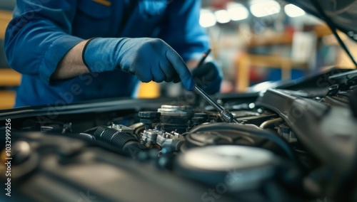 A mechanic in blue gloves works on a car engine.