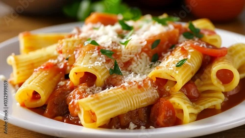 A plate of pasta with tomato sauce, topped with grated cheese and parsley