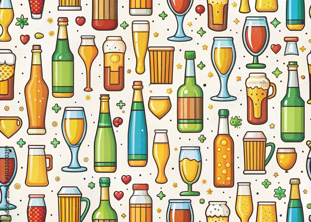 Seamless Beer Bottles and Glasses Pattern for Textile and Bar Decor - Stylish Vector Design for Wrapping Paper, Packaging, and Creative Projects Seamless Beer Bottles and Glasses Pattern for Textile and Bar Decor - Stylish Vector Design for Wrapping Paper, Packaging, and Creative Projects