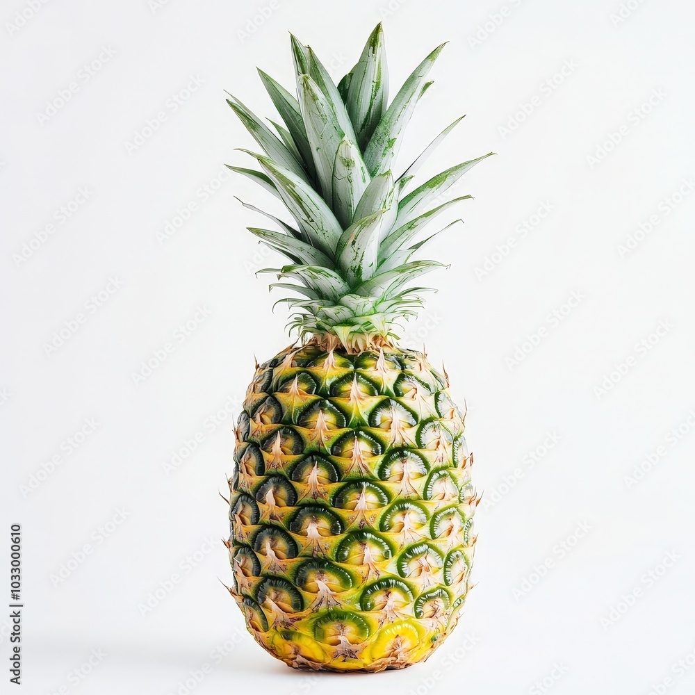 Fototapeta premium A whole pineapple with its spiky crown, sitting upright on a clean white background
