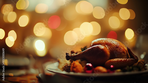 holiday day dinner roasted chicken on platter with dressing bright blurry bokey lights unfocused backdrop holiday wallpaper seasonal marketing space for copy text gold red photo