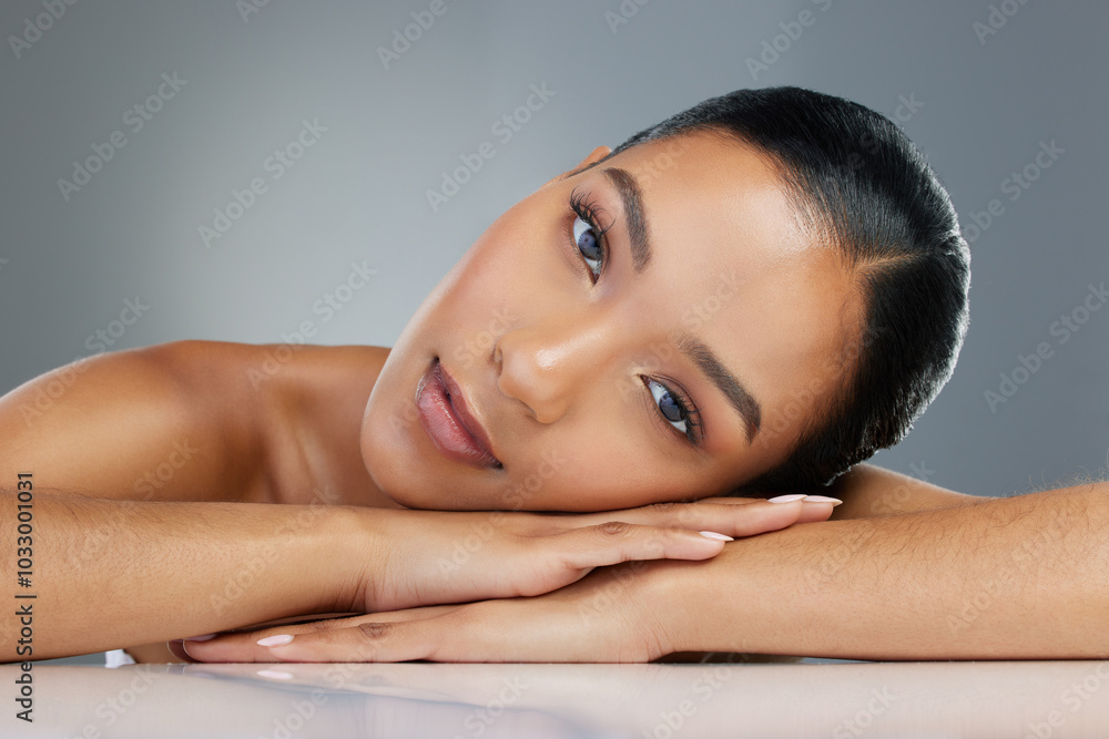 Relax, makeup or portrait of woman with skincare in studio on grey background for facial glow. Dermatology treatment, girl or face of confident model with cosmetics, beauty and transformation results Relax, makeup or portrait of woman with skincare in studio on grey background for facial glow. Dermatology treatment, girl or face of confident model with cosmetics, beauty and transformation results