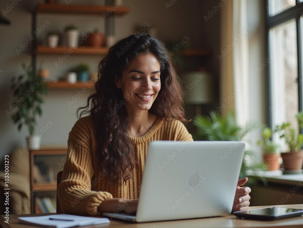 Beautiful business woman using a laptop computer and drinking coffee, sitting in office modern coworking cafe Beautiful business woman using a laptop computer and drinking coffee, sitting in office modern coworking cafe