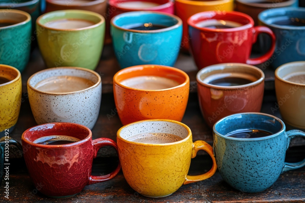 Colorful Ceramic Coffee Mugs on a Wooden Table Colorful Ceramic Coffee Mugs on a Wooden Table