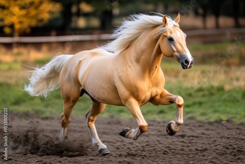 A majestic horse galloping through an open field, its mane flowing in the wind