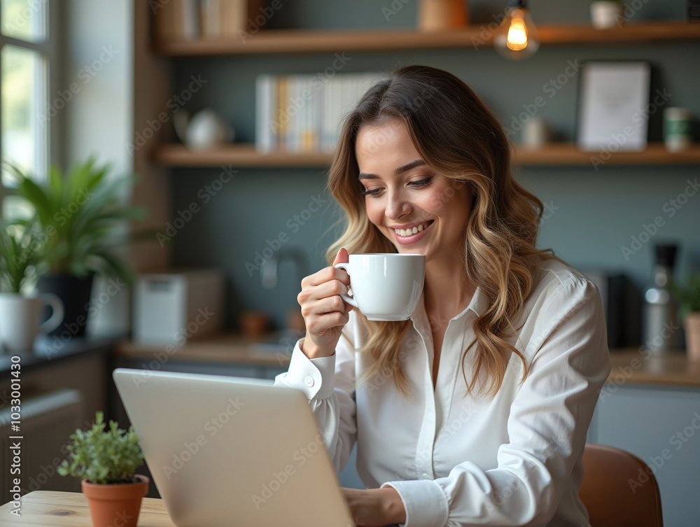 Beautiful business woman using a laptop computer and drinking coffee, sitting in office modern coworking cafe Beautiful business woman using a laptop computer and drinking coffee, sitting in office modern coworking cafe