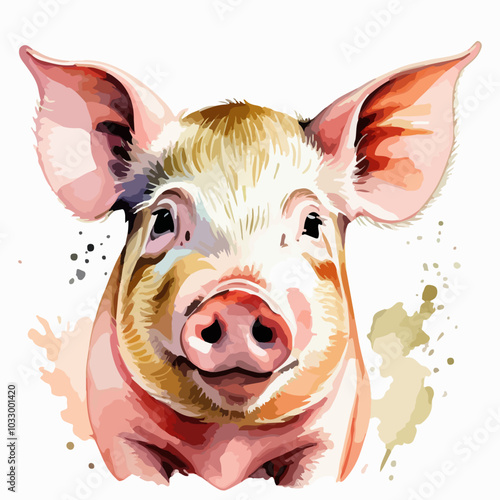 Hand drawn watercolor painting of a pig isolated on white background. Farm animals collection vector illustration.