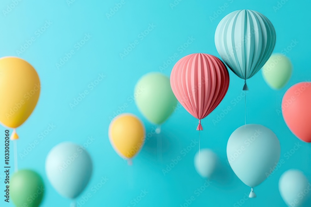 Paper art balloons rising into the sky, New Year s Day festivities, 3D illustration Paper art balloons rising into the sky, New Year s Day festivities, 3D illustration