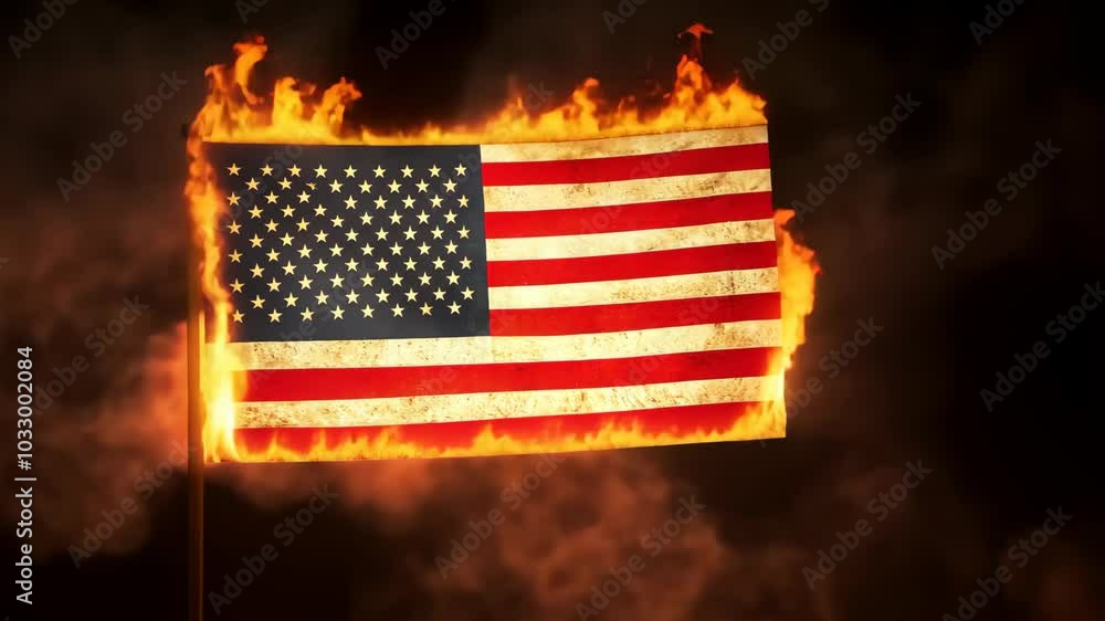 An American flag is engulfed in flames against a dark background