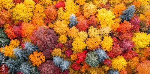 Vibrant autumn colors paint a beautiful aerial landscape of an expansive forest with yellow, orange, red, and green leaves.