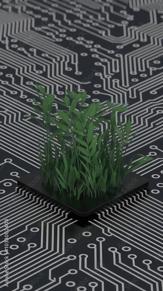 Small plant is growing on top of a black and white circuit board Small plant is growing on top of a black and white circuit board