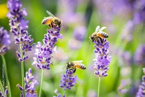 Lavender plants growing in a garden, with bees buzzing around the fragrant blooms