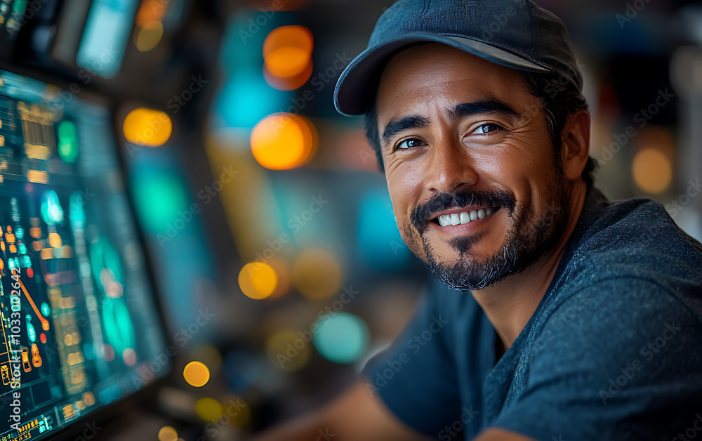 Tech Triumph: Happy Engineer in Control Room Portrait Tech Triumph: Happy Engineer in Control Room Portrait