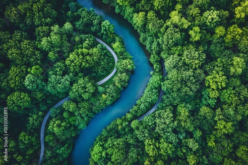 Aerial view of a winding river flowing through a lush green forest.