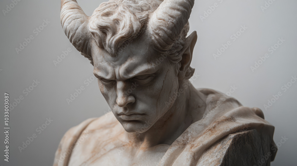 Crafted in white marble, this elegant devil statue features subtle, refined details, with a serene yet menacing expression that exudes a quiet, commanding presence. Crafted in white marble, this elegant devil statue features subtle, refined details, with a serene yet menacing expression that exudes a quiet, commanding presence.